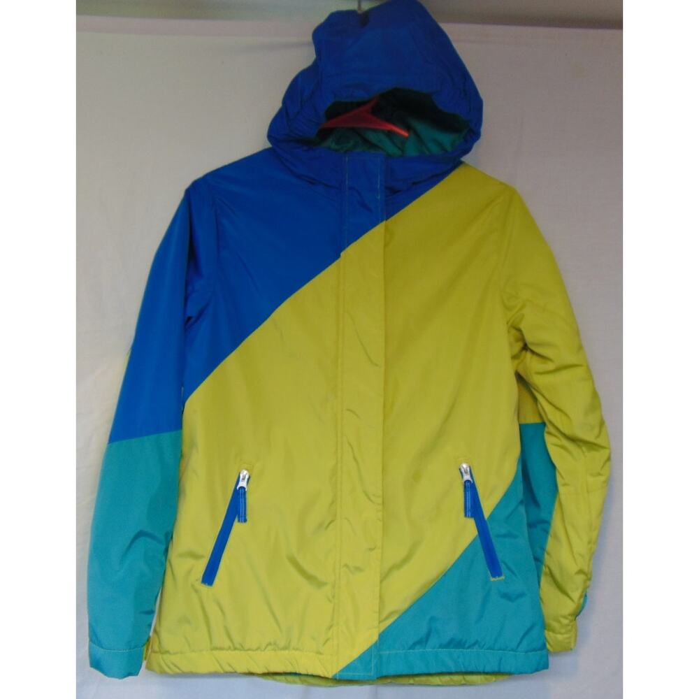 Lands End Ski Jacket Large 14 Yellow Green Blue Hooded Insulated Pockets Coat L